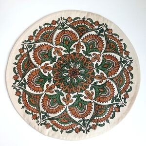 Round Vintage Regal Natural Pillow Sham w Brown & Green Floral Crest Motif Decor